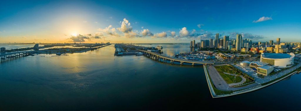 panorama, miami, city, nature, skyline, buildings, structures, infrastructures, cityscape, panoramic, waterfront, florida, water, usa, architecture, america, sunset, urban, travel, ocean, dusk, famous, landscape, urban landscape
